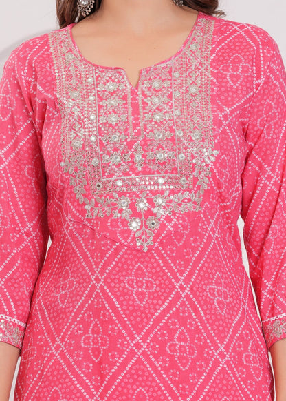 Pink Printed Kurta Pant Set with Mirror-Work Neckline – Elegant Daily & Festive Wear Akrish