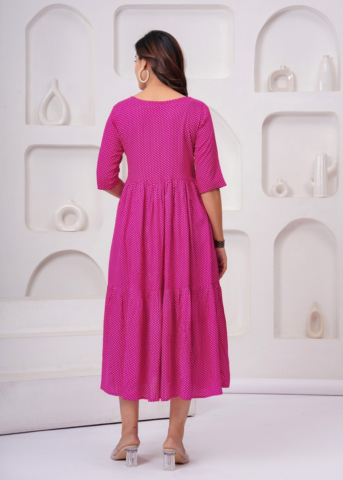 Elegant Pink Polka Dot Midi Gown – Stylish, Flowy & Perfect for Every Occasion Akrish