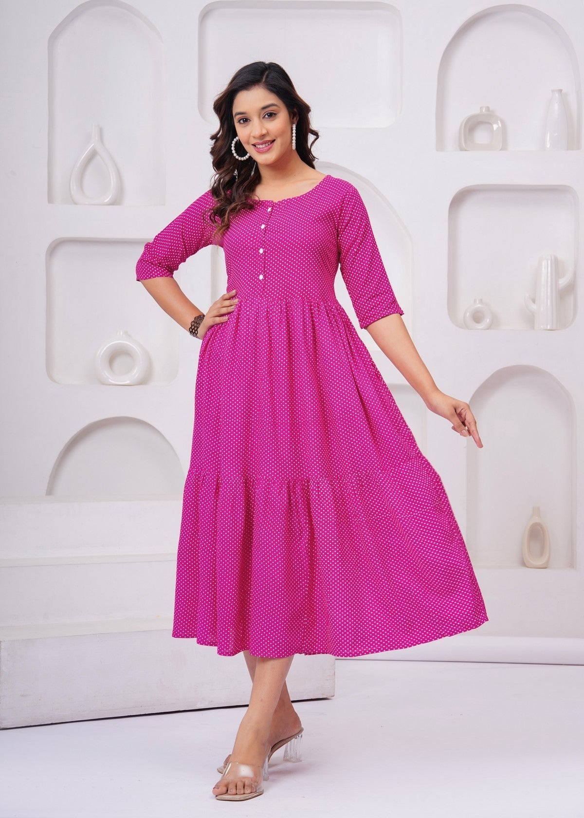 Elegant Pink Polka Dot Midi Gown – Stylish, Flowy & Perfect for Every Occasion Akrish