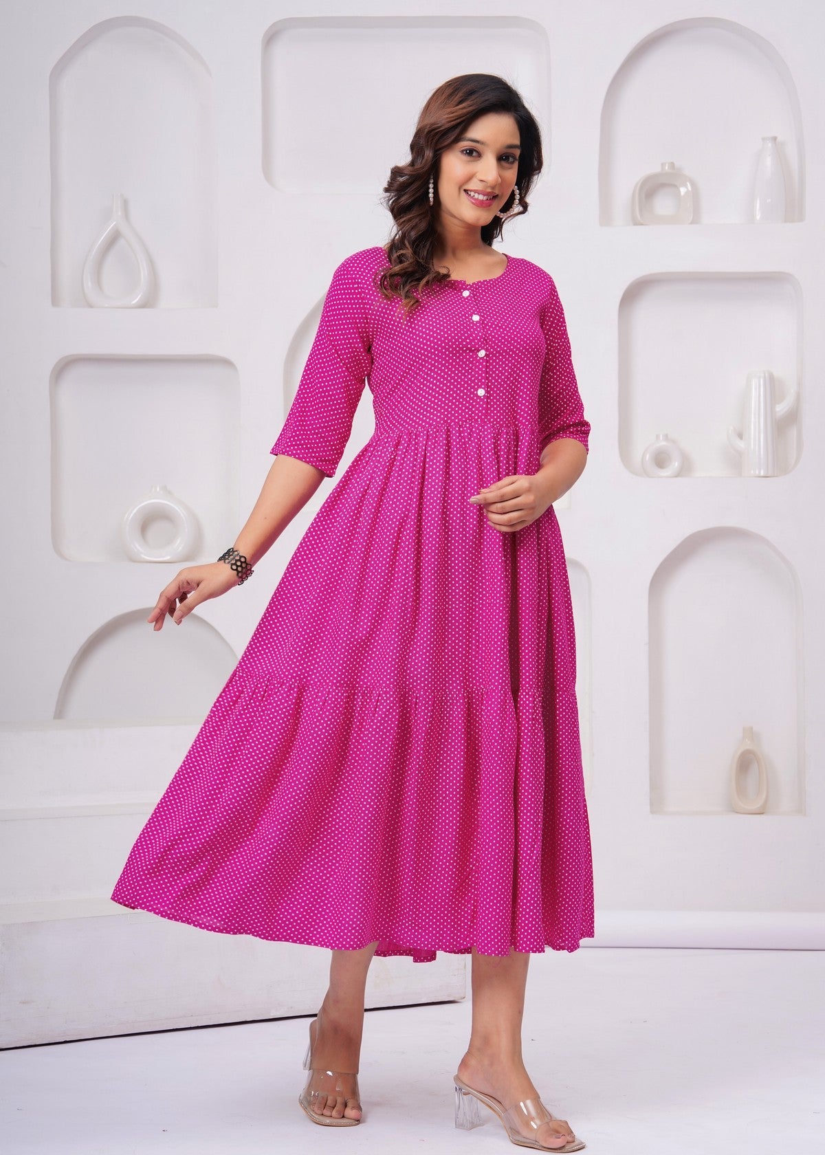 Elegant Pink Polka Dot Midi Gown – Stylish, Flowy & Perfect for Every Occasion Akrish