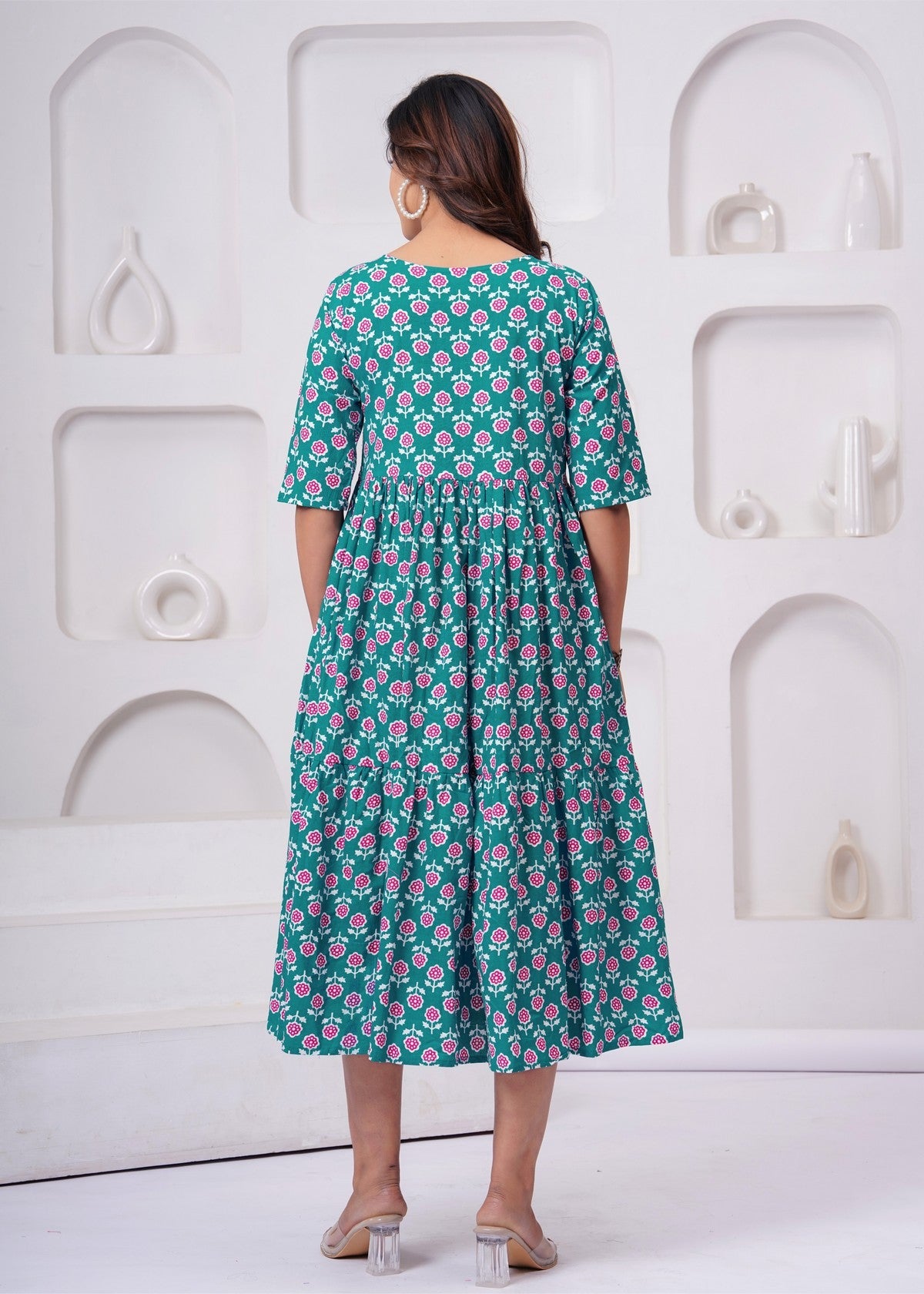 Beautiful Green Floral Midi Gown – Soft, Flowy & Perfect for Everyday Elegance Akrish