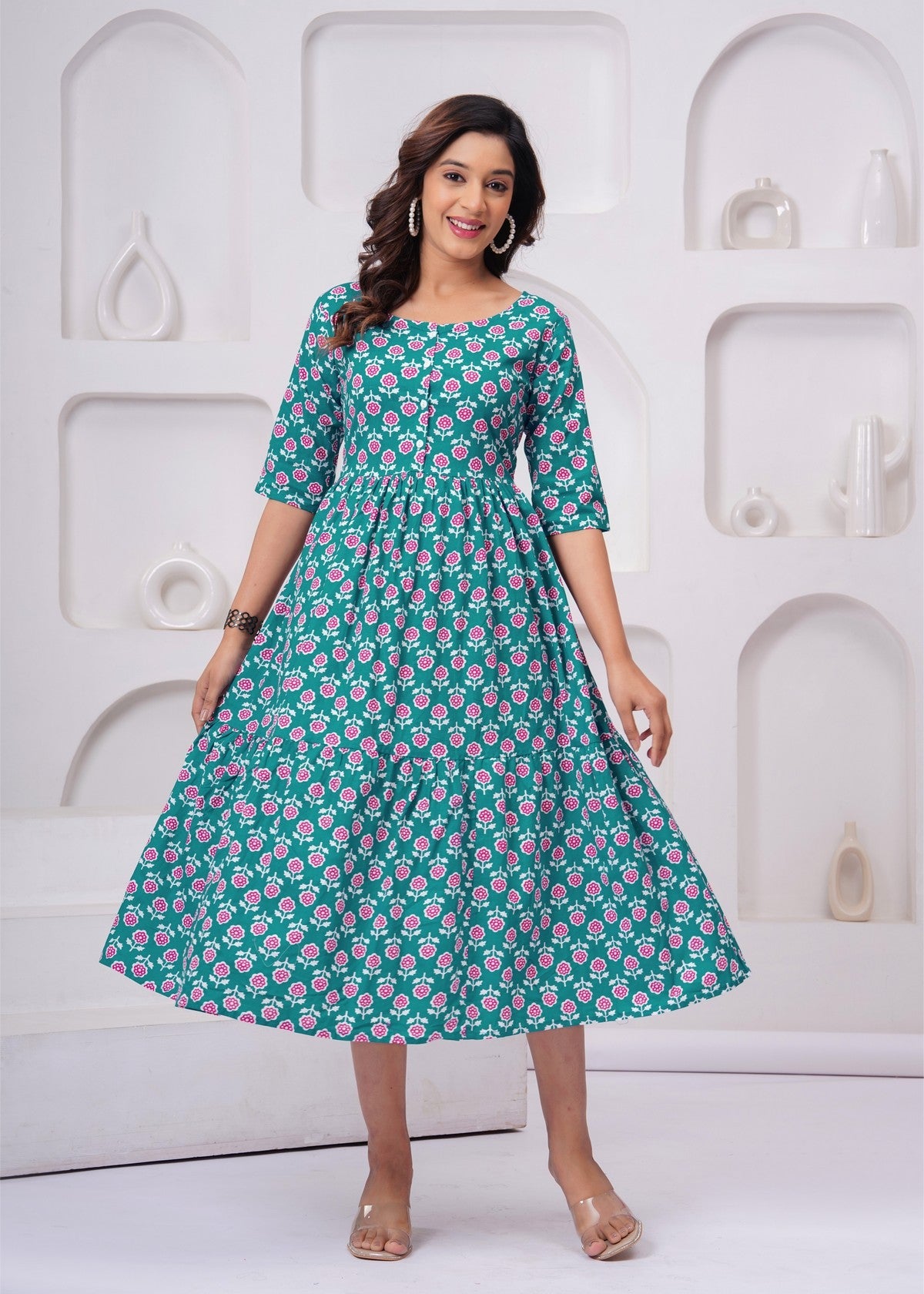 Beautiful Green Floral Midi Gown – Soft, Flowy & Perfect for Everyday Elegance Akrish