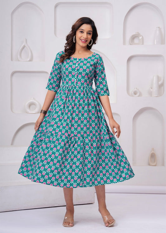 Beautiful Green Floral Midi Gown – Soft, Flowy & Perfect for Everyday Elegance Akrish