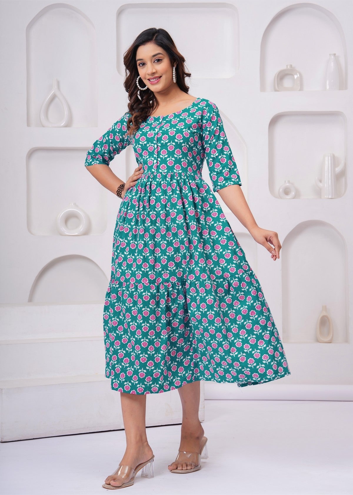 Beautiful Green Floral Midi Gown – Soft, Flowy & Perfect for Everyday Elegance Akrish