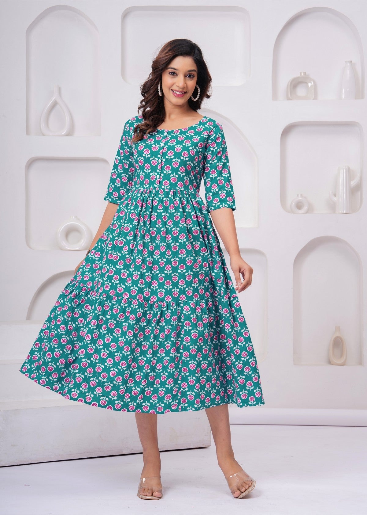 Beautiful Green Floral Midi Gown – Soft, Flowy & Perfect for Everyday Elegance Akrish