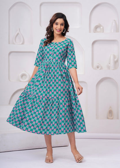 Beautiful Green Floral Midi Gown – Soft, Flowy & Perfect for Everyday Elegance Akrish