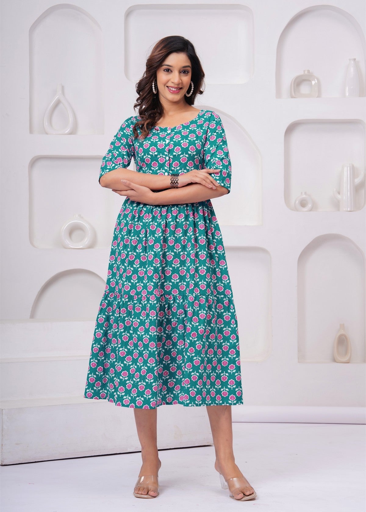 Beautiful Green Floral Midi Gown – Soft, Flowy & Perfect for Everyday Elegance Akrish