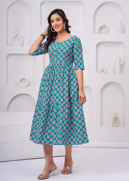 Beautiful Green Floral Midi Gown – Soft, Flowy & Perfect for Everyday Elegance Akrish