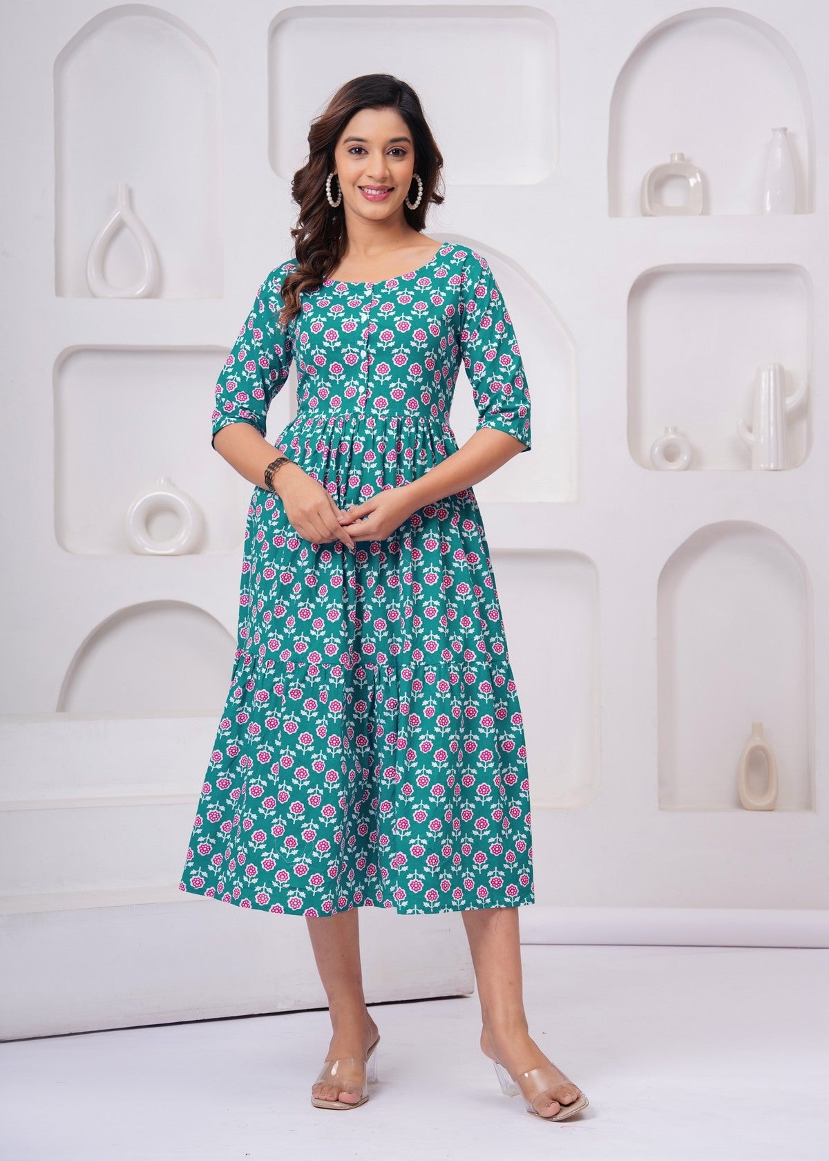 Beautiful Green Floral Midi Gown – Soft, Flowy & Perfect for Everyday Elegance Akrish