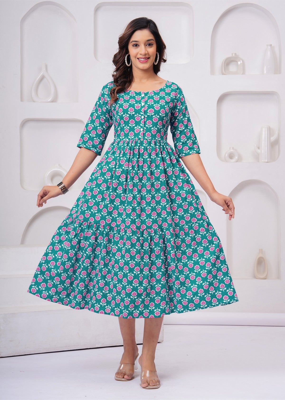 Beautiful Green Floral Midi Gown – Soft, Flowy & Perfect for Everyday Elegance Akrish