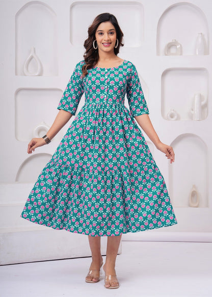 Beautiful Green Floral Midi Gown – Soft, Flowy & Perfect for Everyday Elegance Akrish