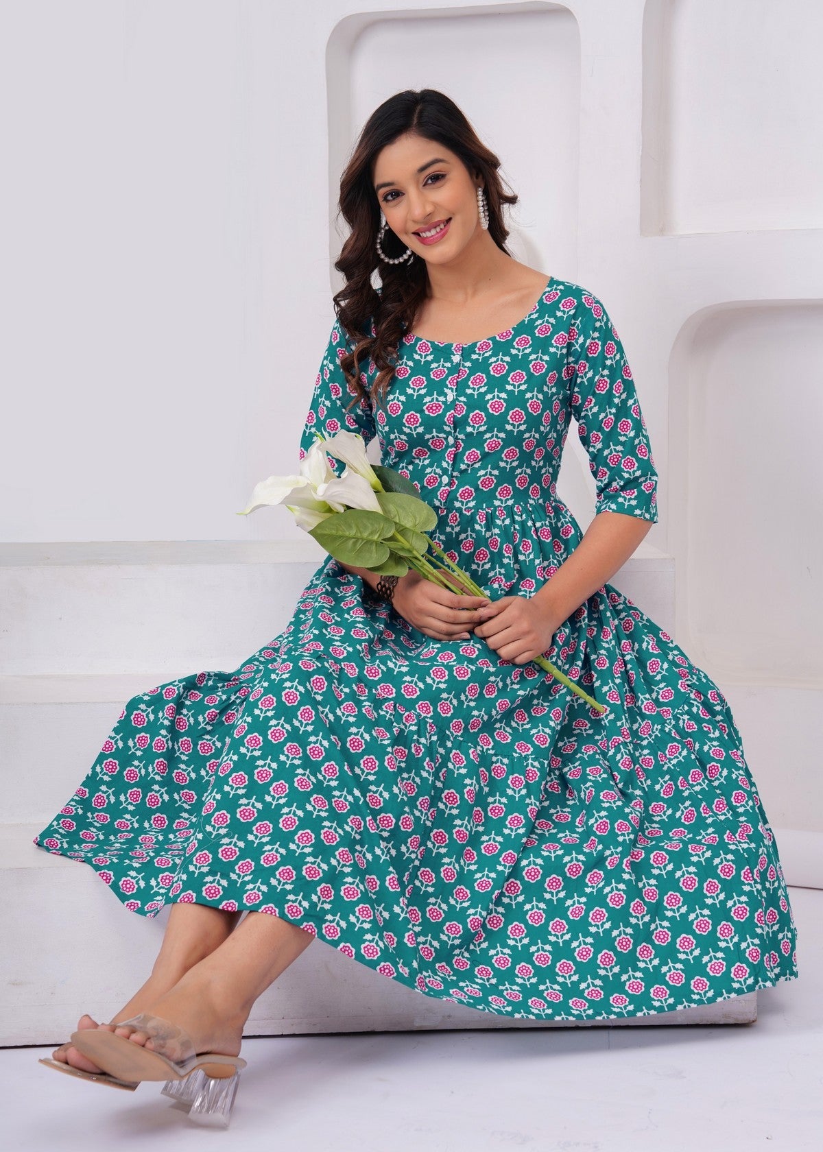 Beautiful Green Floral Midi Gown – Soft, Flowy & Perfect for Everyday Elegance Akrish