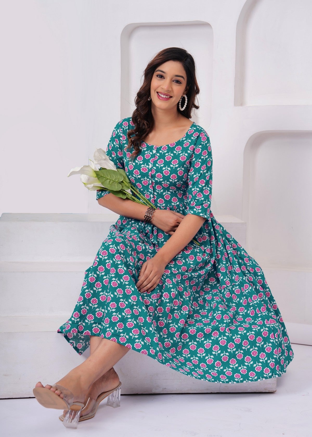 Beautiful Green Floral Midi Gown – Soft, Flowy & Perfect for Everyday Elegance Akrish
