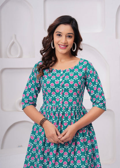 Beautiful Green Floral Midi Gown – Soft, Flowy & Perfect for Everyday Elegance Akrish