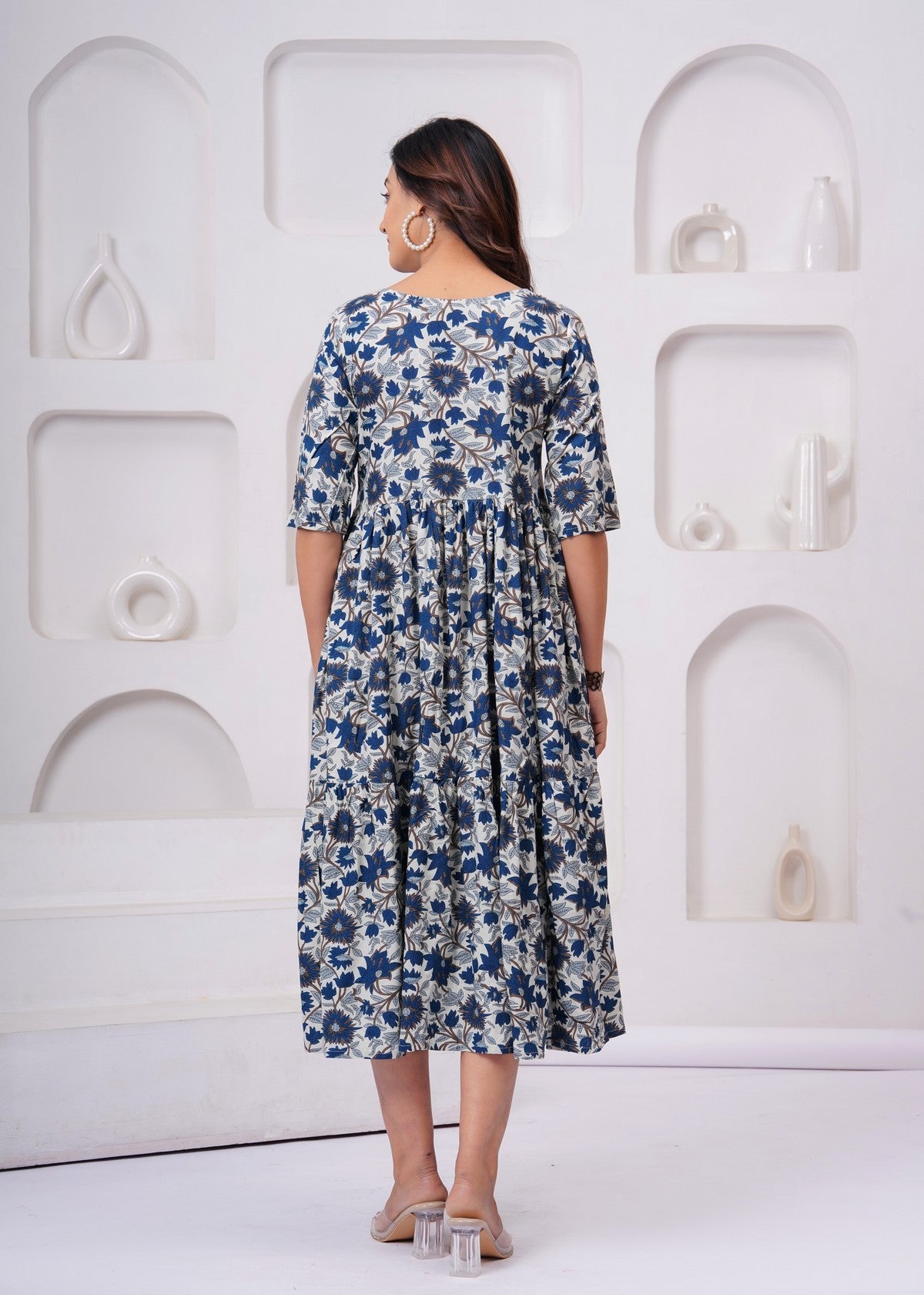 Stylish Blue Floral Midi Gown – Soft, Elegant & Perfect for Everyday Wear Akrish
