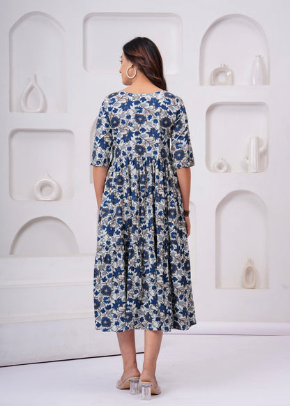Stylish Blue Floral Midi Gown – Soft, Elegant & Perfect for Everyday Wear Akrish