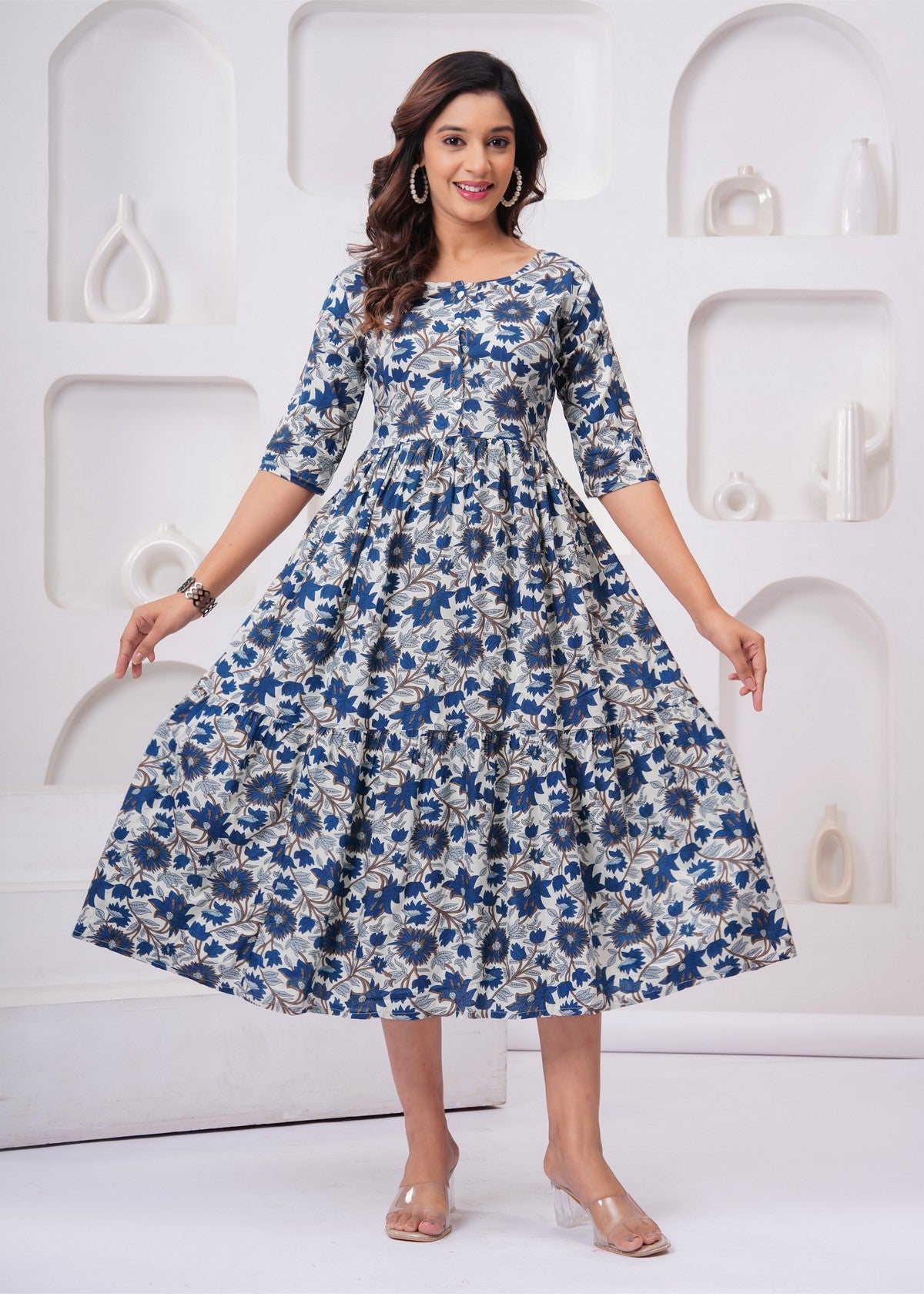 Stylish Blue Floral Midi Gown – Soft, Elegant & Perfect for Everyday Wear Akrish