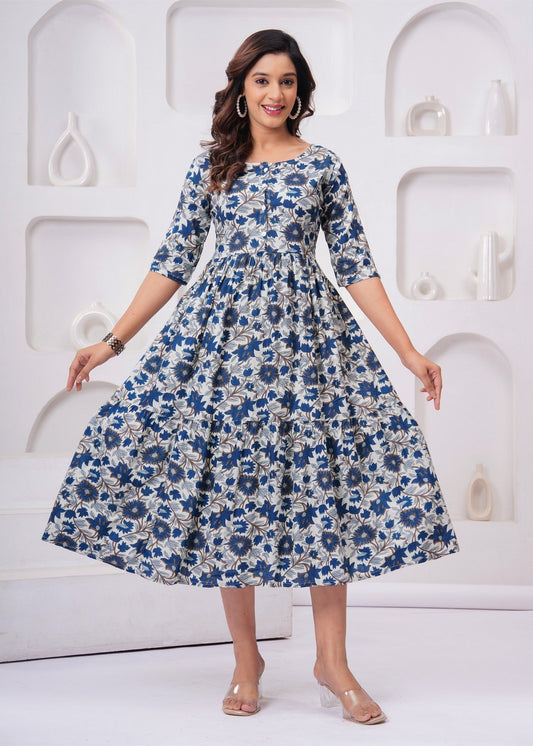Stylish Blue Floral Midi Gown – Soft, Elegant & Perfect for Everyday Wear Akrish
