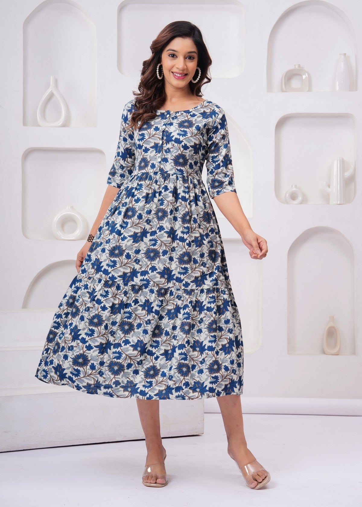 Stylish Blue Floral Midi Gown – Soft, Elegant & Perfect for Everyday Wear Akrish