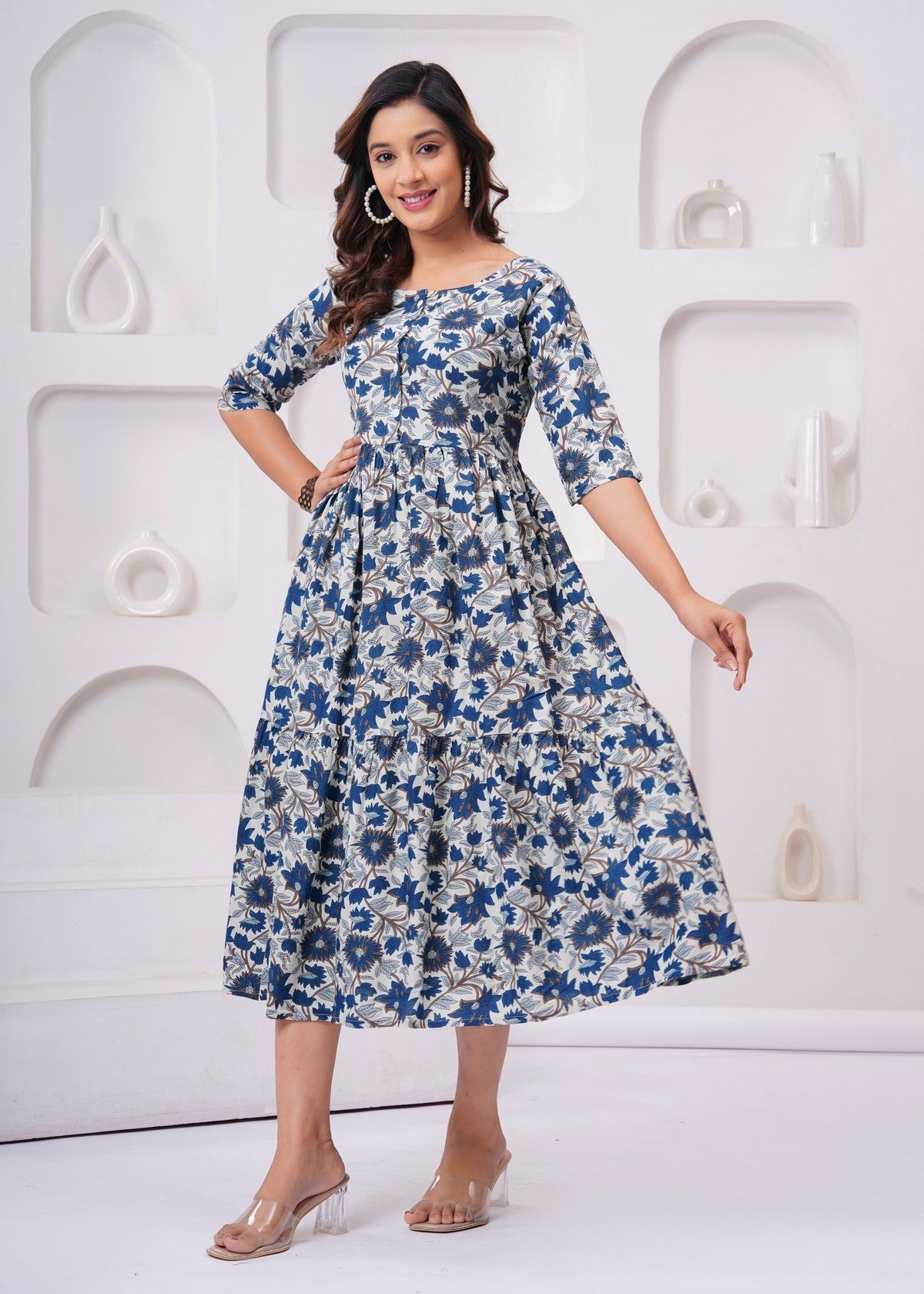 Stylish Blue Floral Midi Gown – Soft, Elegant & Perfect for Everyday Wear Akrish