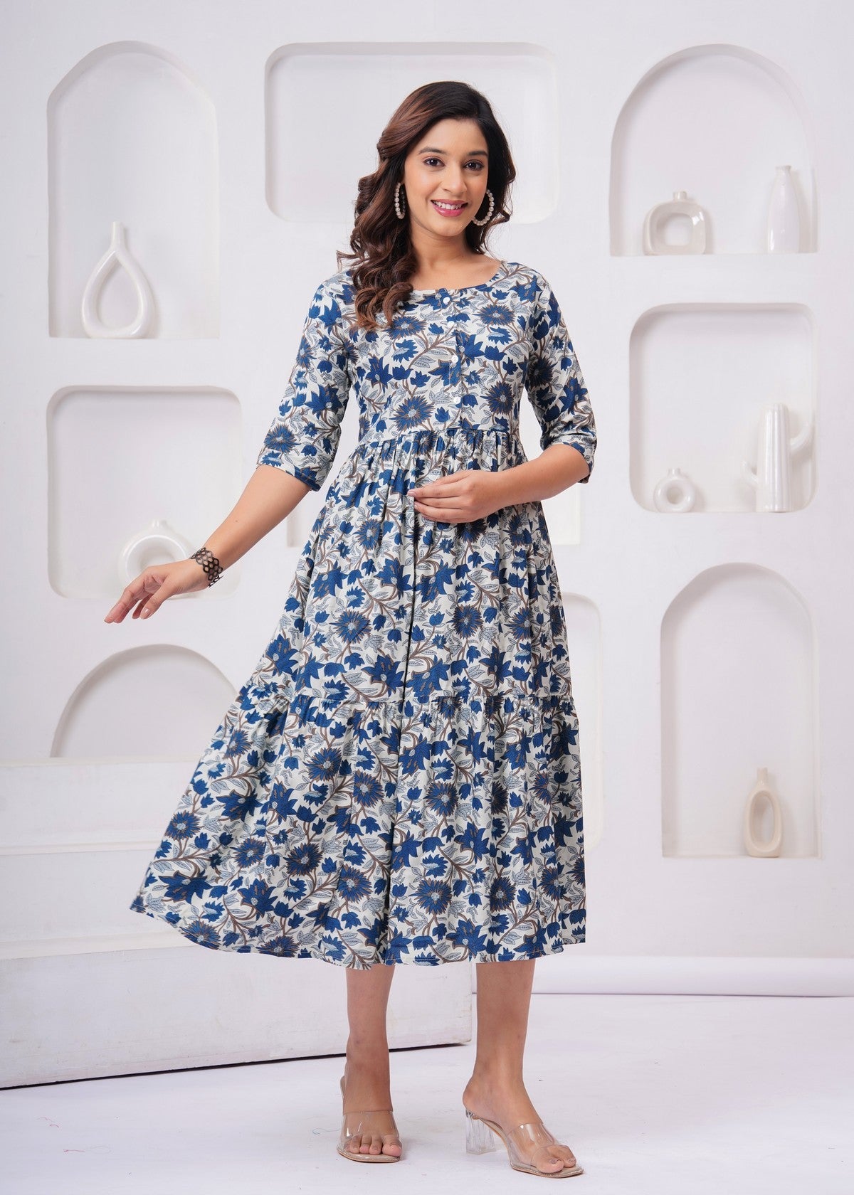 Stylish Blue Floral Midi Gown – Soft, Elegant & Perfect for Everyday Wear Akrish