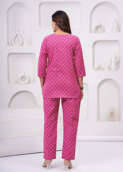 Women’s Pink Printed Co-ord Set | Soft Cotton Casual Kurti with Straight Pants Akrish