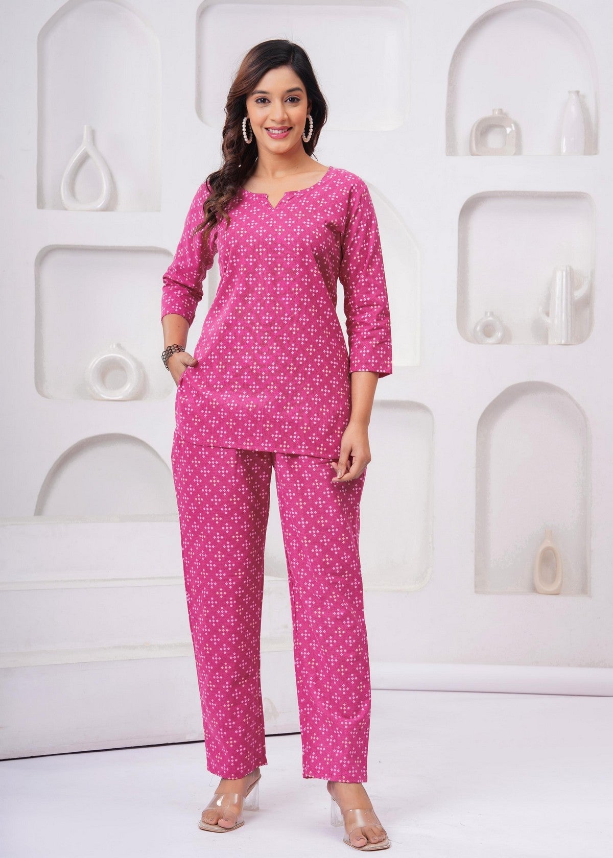 Women’s Pink Printed Co-ord Set | Soft Cotton Casual Kurti with Straight Pants Akrish