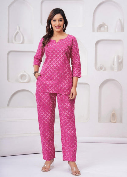 Women’s Pink Printed Co-ord Set | Soft Cotton Casual Kurti with Straight Pants Akrish