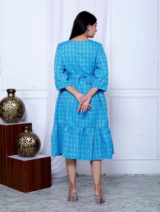 Akrish Women’s Light Blue Cotton Short Frock | S Printed Casual Dress for Daily & Summer Wear