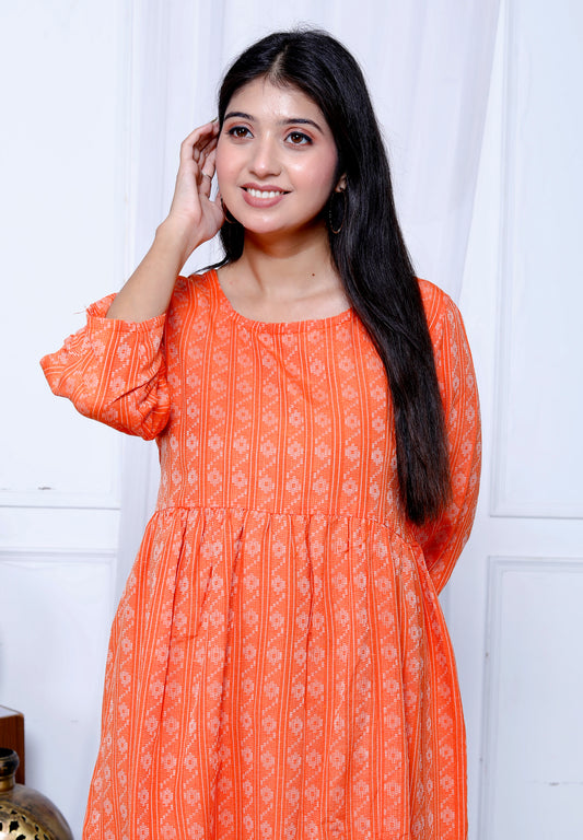 Akrish Women’s Orange Cotton Short Frock | Stylish S Printed Casual Summer Dress for Girls & Daily Use