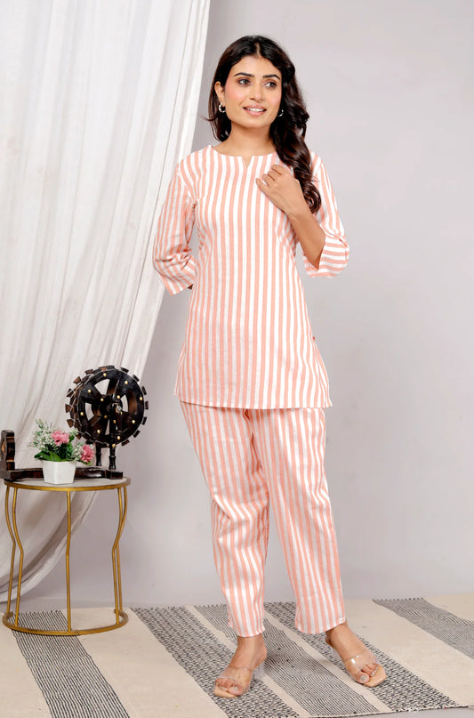 Akrish Women’s Orange Striped Coord Set | Stylish Two-Piece Outfit for Daily & Travel Wear