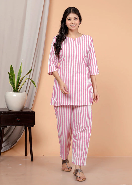 Akrish Women’s Premium Pink Striped Cord Set | Stylish Co-ord Set for Daily & Brunch Wear
