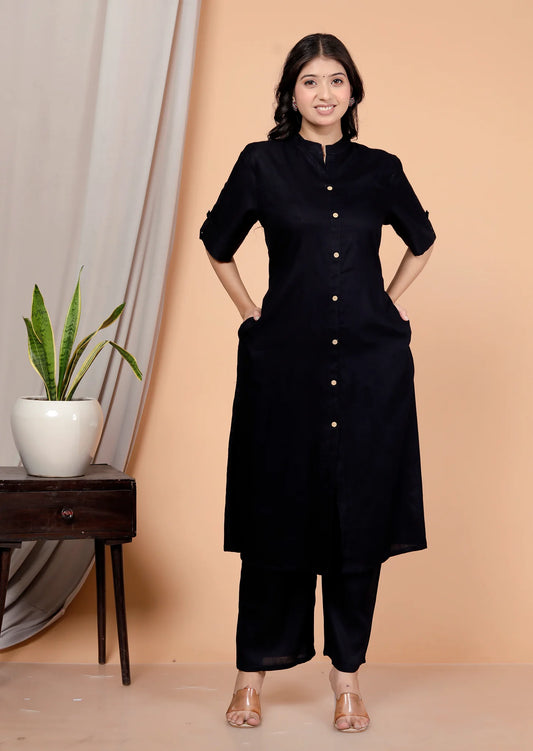 Akrish Navy Blue Plain Kurta Palazzo Set for Women | Premium Cotton Solid Suit Set for Daily & Office Wear
