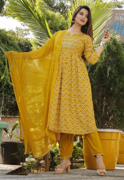 Women's Mustard Yellow Printed Kurti Set with Pant &amp; Dupatta | Festive 3-Piece Ethnic Suit Akrish