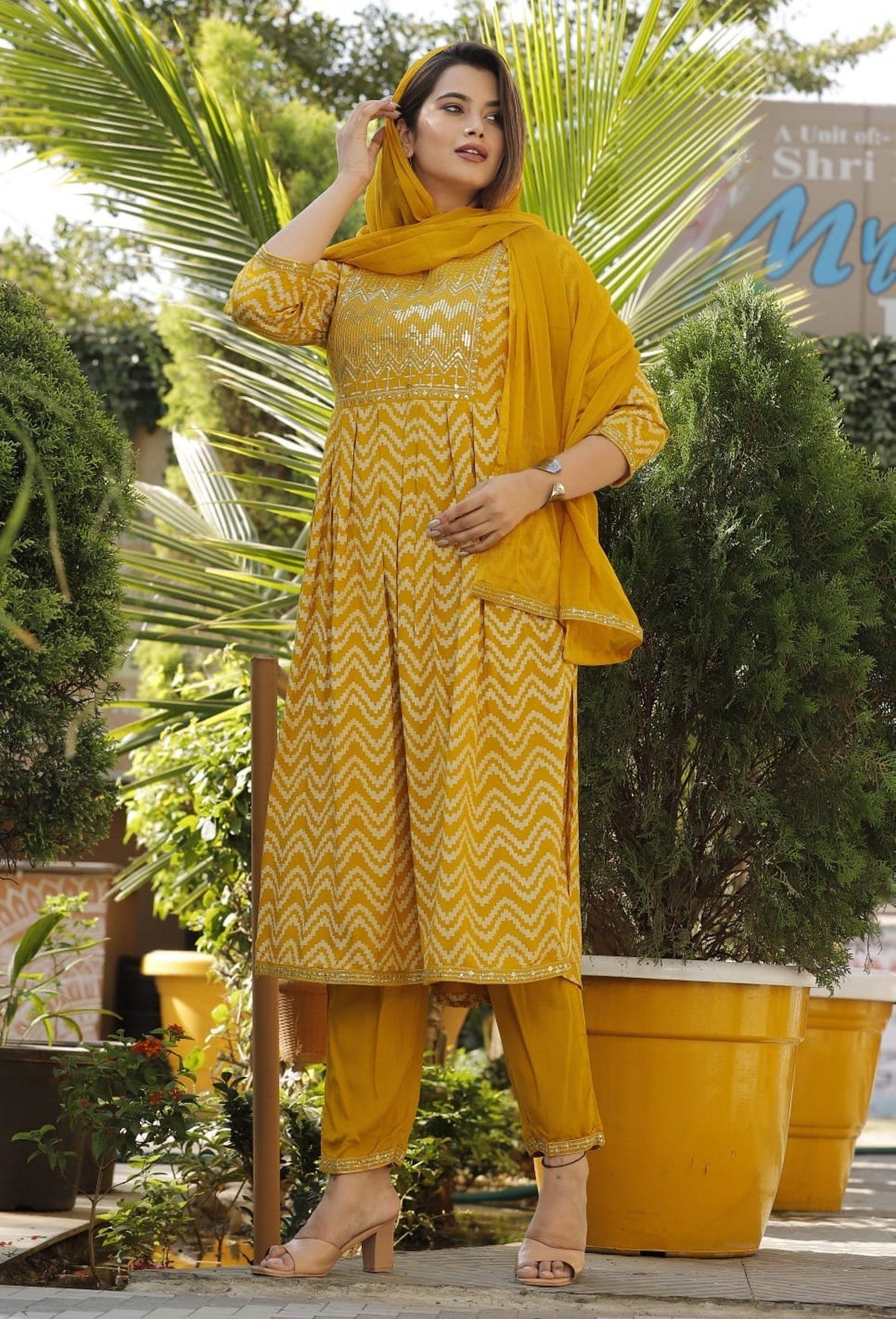 Women's Mustard Yellow Printed Kurti Set with Pant &amp; Dupatta | Festive 3-Piece Ethnic Suit Akrish