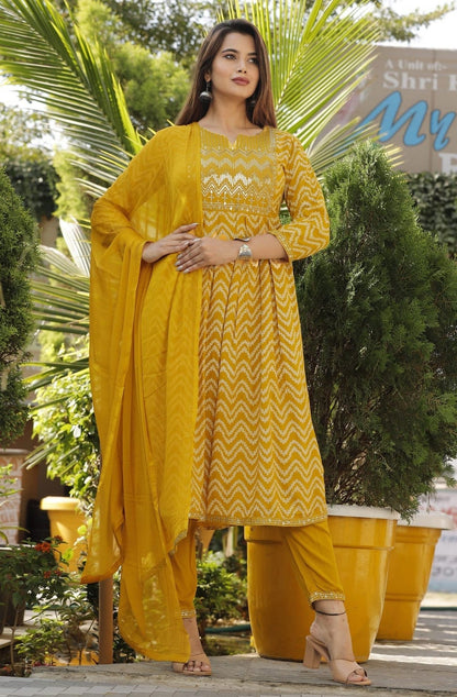 Women's Mustard Yellow Printed Kurti Set with Pant &amp; Dupatta | Festive 3-Piece Ethnic Suit Akrish