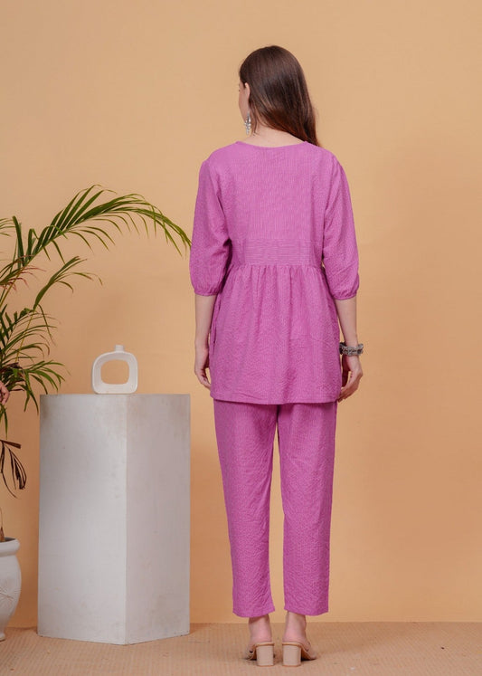 Women’s Solid Pink Cotton Co-ord Set | Peplum-Style Top with Puff Sleeves & Straight Pants Akrish