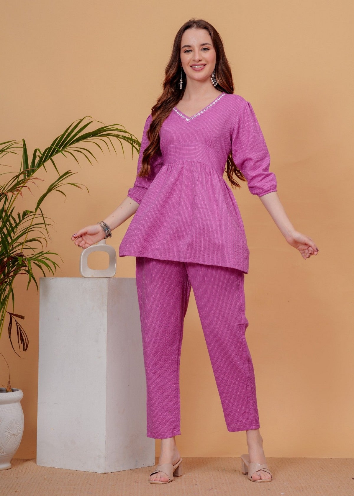 Women’s Solid Pink Cotton Co-ord Set | Peplum-Style Top with Puff Sleeves & Straight Pants Akrish