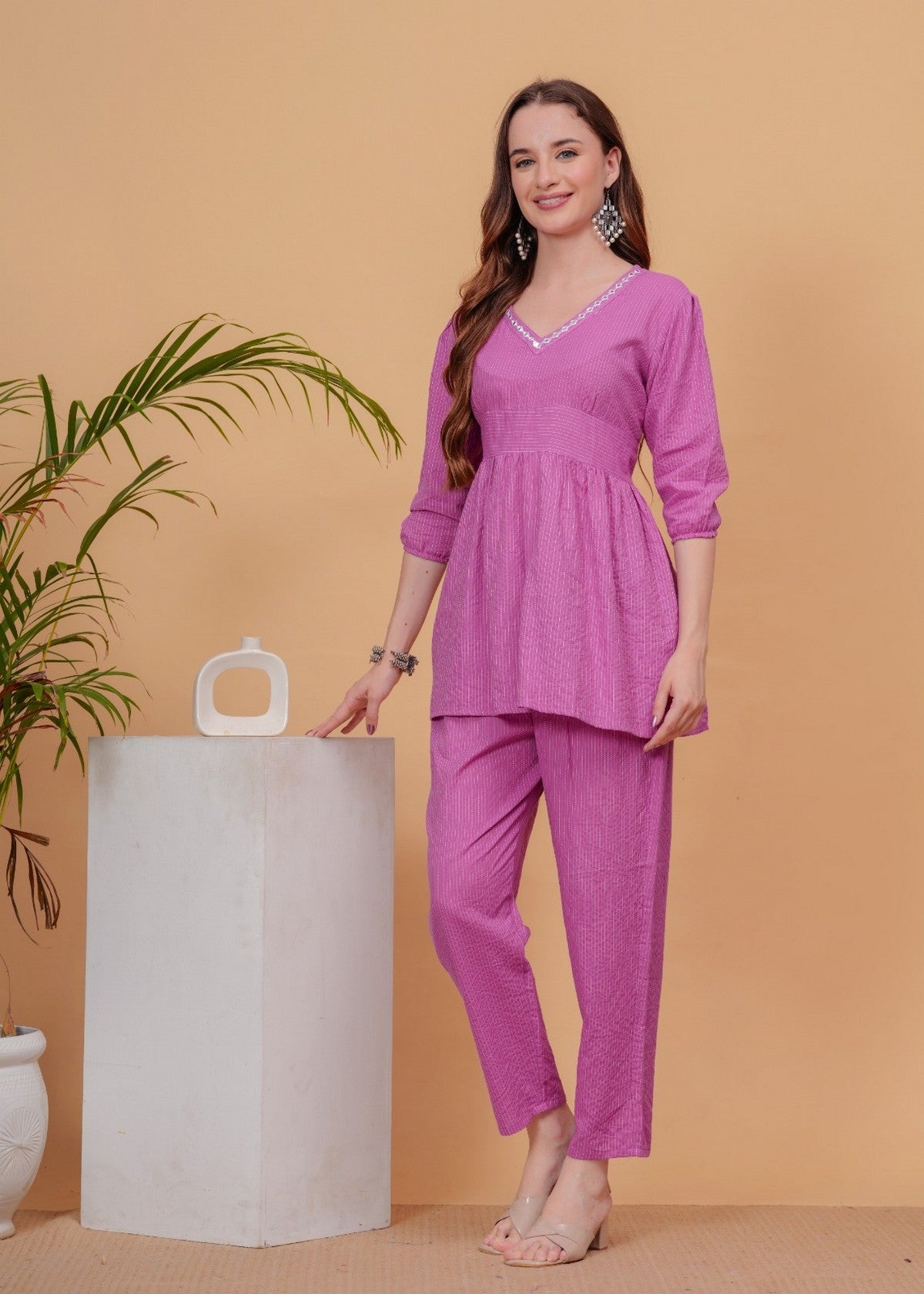 Women’s Solid Pink Cotton Co-ord Set | Peplum-Style Top with Puff Sleeves & Straight Pants Akrish