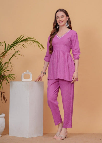 Women’s Solid Pink Cotton Co-ord Set | Peplum-Style Top with Puff Sleeves & Straight Pants Akrish
