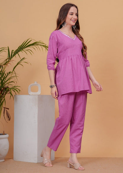 Women’s Solid Pink Cotton Co-ord Set | Peplum-Style Top with Puff Sleeves & Straight Pants Akrish