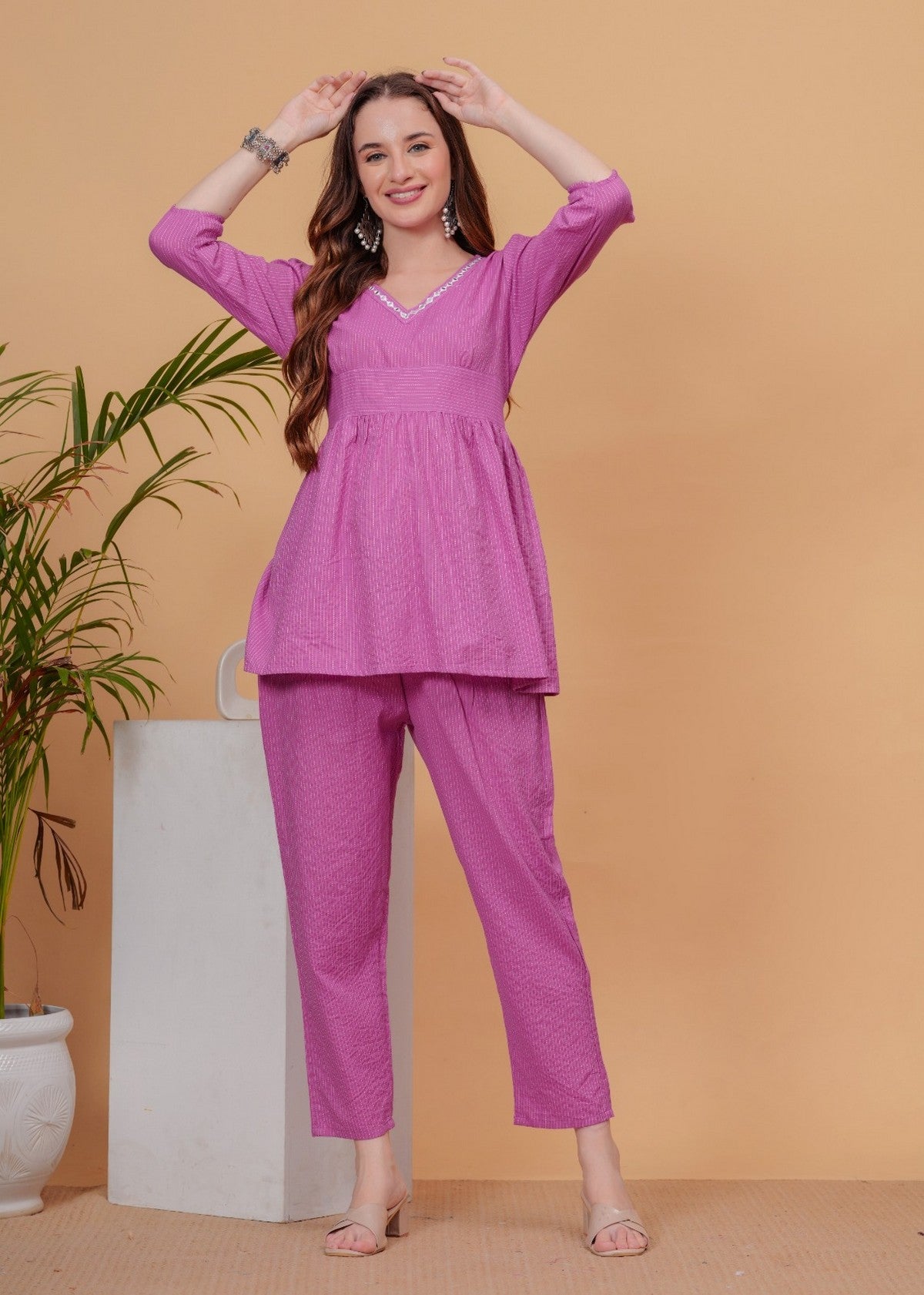 Women’s Solid Pink Cotton Co-ord Set | Peplum-Style Top with Puff Sleeves & Straight Pants Akrish