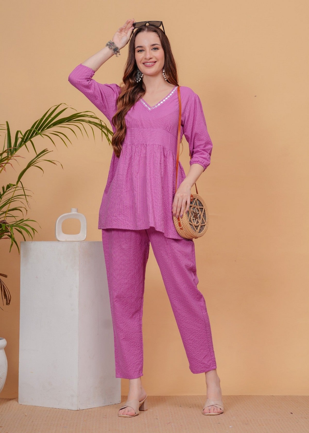 Women’s Solid Pink Cotton Co-ord Set | Peplum-Style Top with Puff Sleeves & Straight Pants Akrish