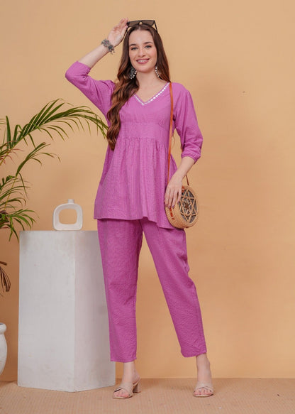 Women’s Solid Pink Cotton Co-ord Set | Peplum-Style Top with Puff Sleeves & Straight Pants Akrish