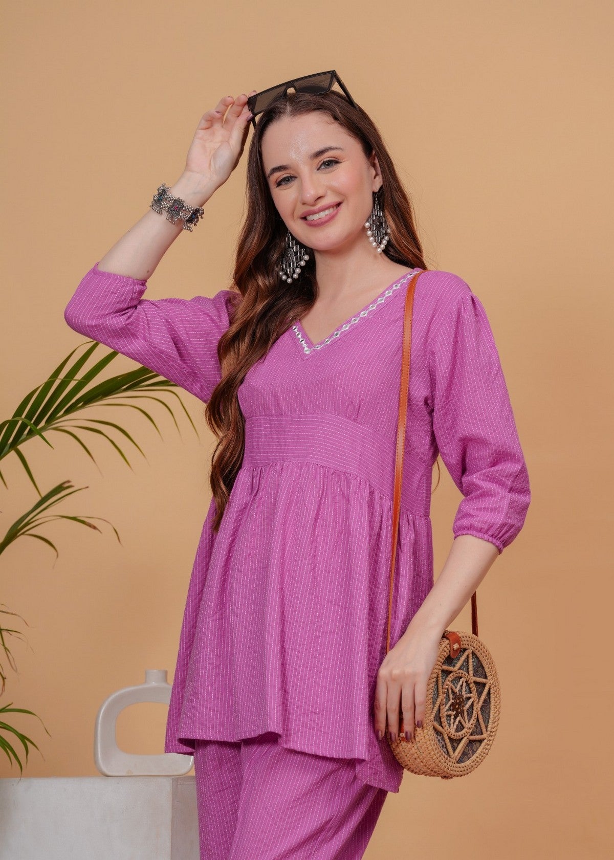 Women’s Solid Pink Cotton Co-ord Set | Peplum-Style Top with Puff Sleeves & Straight Pants Akrish