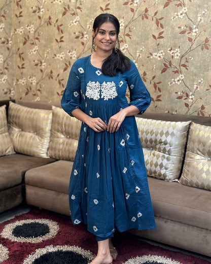 Elegant Blue Embroidered Flared Kurti – Premium Cotton Comfort & Stylish Festive Wear Akrish