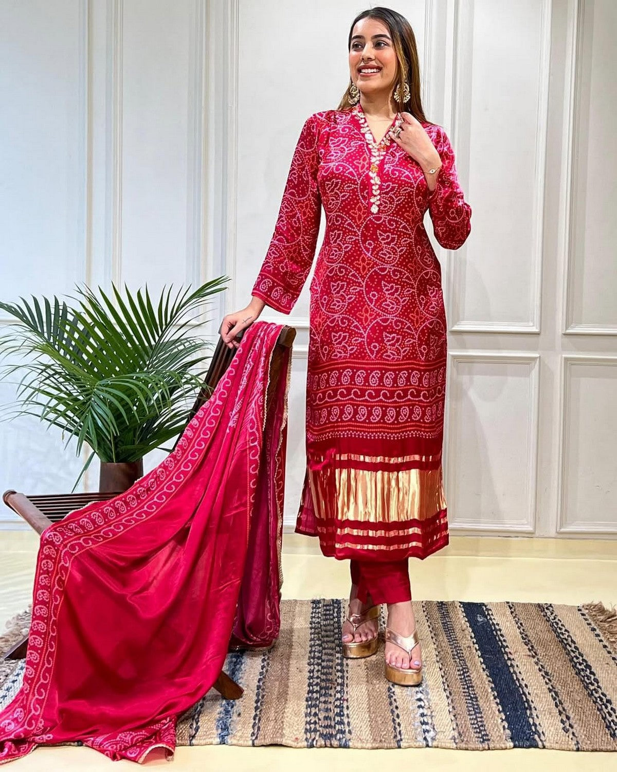 Women's Red Bandhani Printed Kurti Set with Pant & Dupatta | Festive Silk Blend 3-Piece Suit Akrish