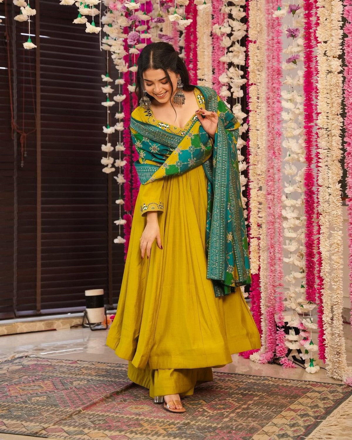 Women’s Mustard Yellow Anarkali Kurta Set with Palazzo & Dupatta | Festive Muslin Silk 3-Piece Suit Akrish