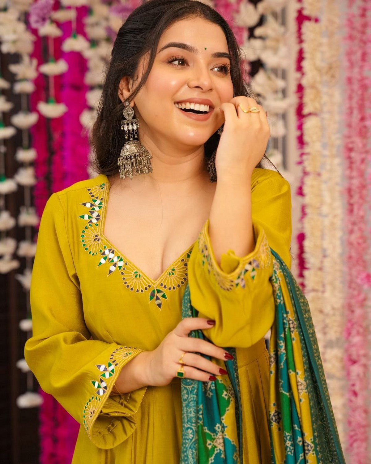 Women’s Mustard Yellow Anarkali Kurta Set with Palazzo & Dupatta | Festive Muslin Silk 3-Piece Suit Akrish