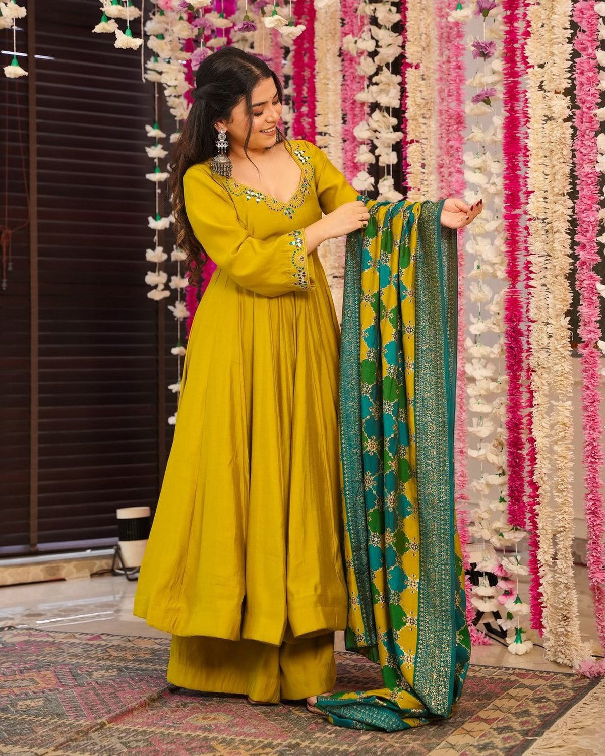 Women’s Mustard Yellow Anarkali Kurta Set with Palazzo & Dupatta | Festive Muslin Silk 3-Piece Suit Akrish